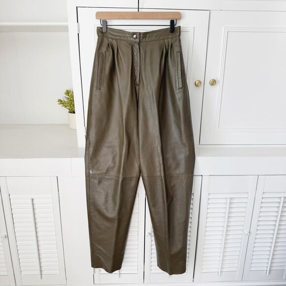 Vintage Evan Arpelli Olive Green Leather High Waist Pleated Pants Size 6